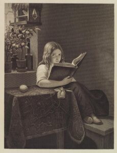 A black and white drawing of a girl holding a large book and looking directly at the viewer.